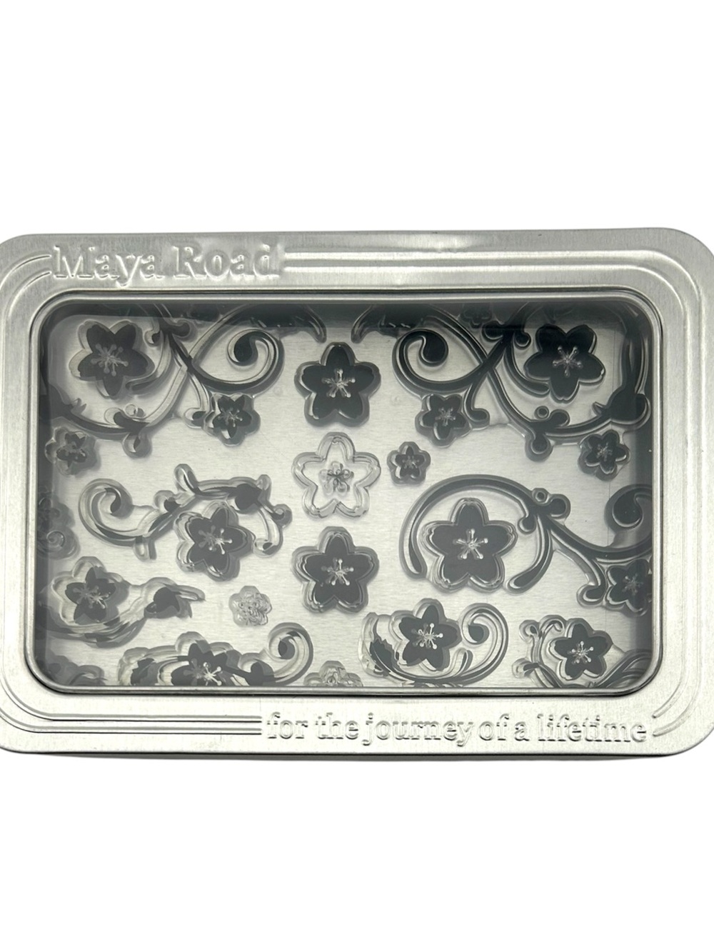 Maya Road Embossed Floral Metal Tin With Flower Clear Stamps